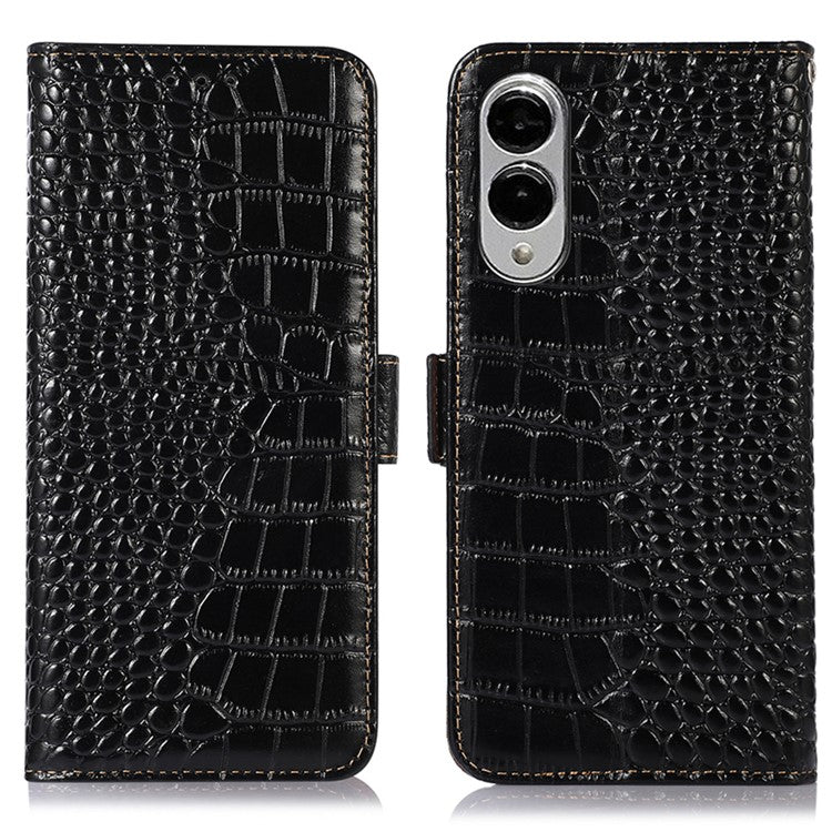 For Samsung Galaxy S25 Edge Case Wallet Crocodile Texture Genuine Cow Leather Phone Cover - Black