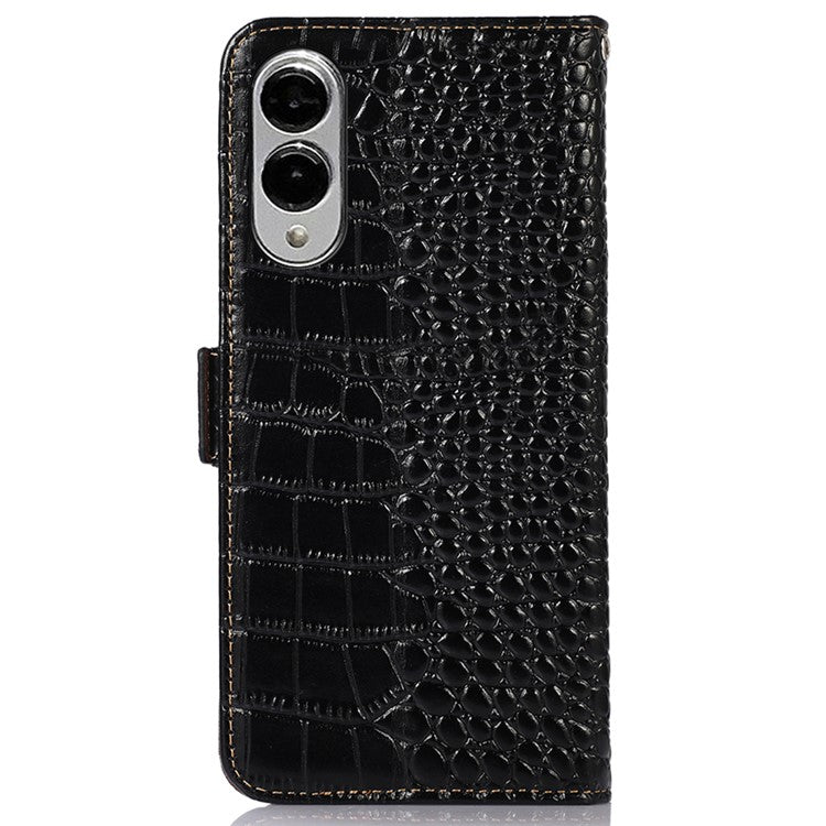 For Samsung Galaxy S25 Edge Case Wallet Crocodile Texture Genuine Cow Leather Phone Cover - Black