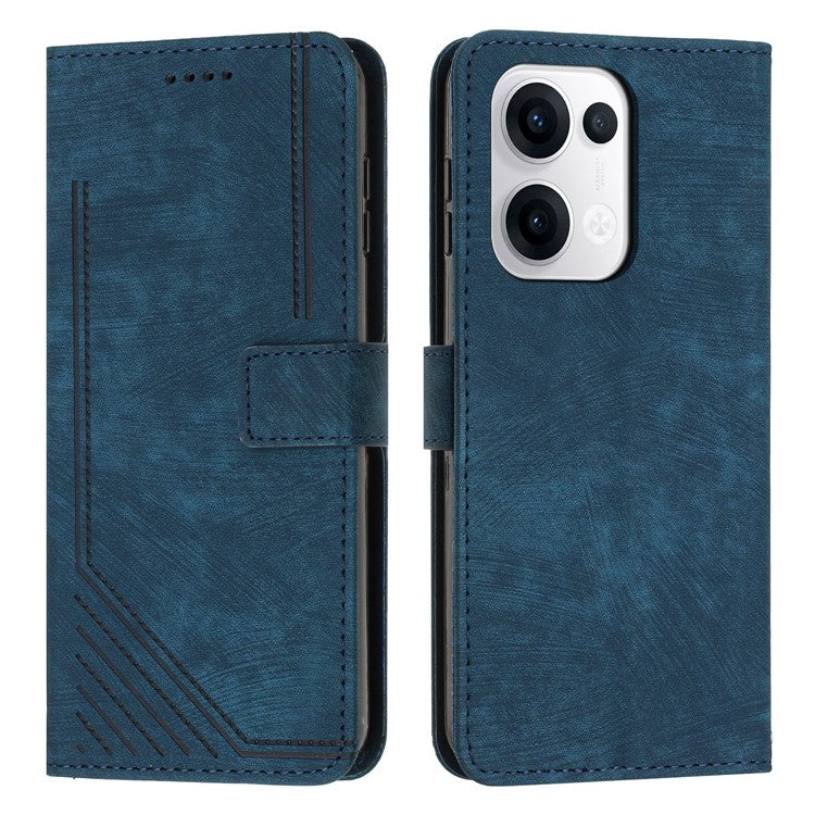 For Oppo Reno13 5G (Global) Case Imprinted Lines Leather Phone Cover with Stand - Sapphire