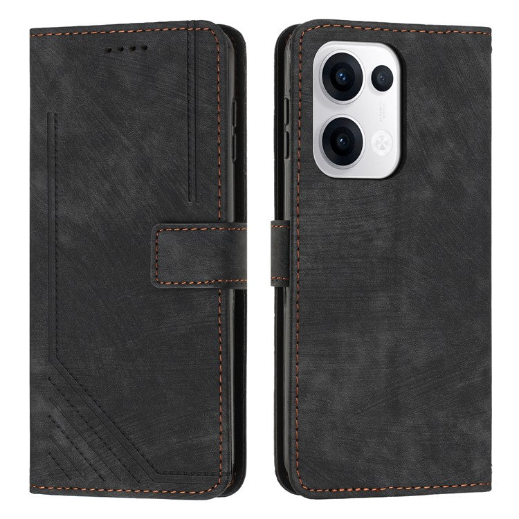 For Oppo Reno13 5G (Global) Case Imprinted Lines Leather Phone Cover with Stand - Black