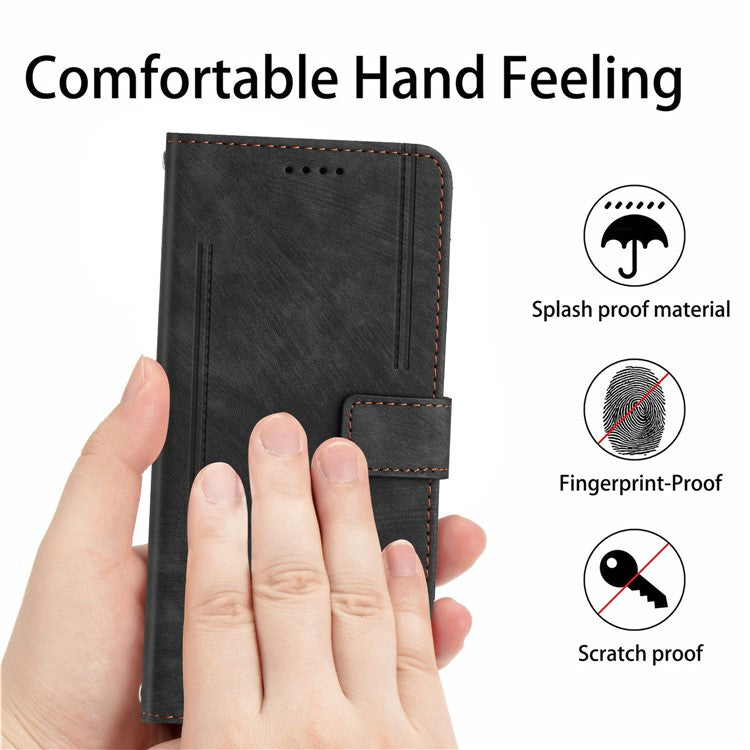 For Oppo Reno13 5G (Global) Case Imprinted Lines Leather Phone Cover with Stand - Black