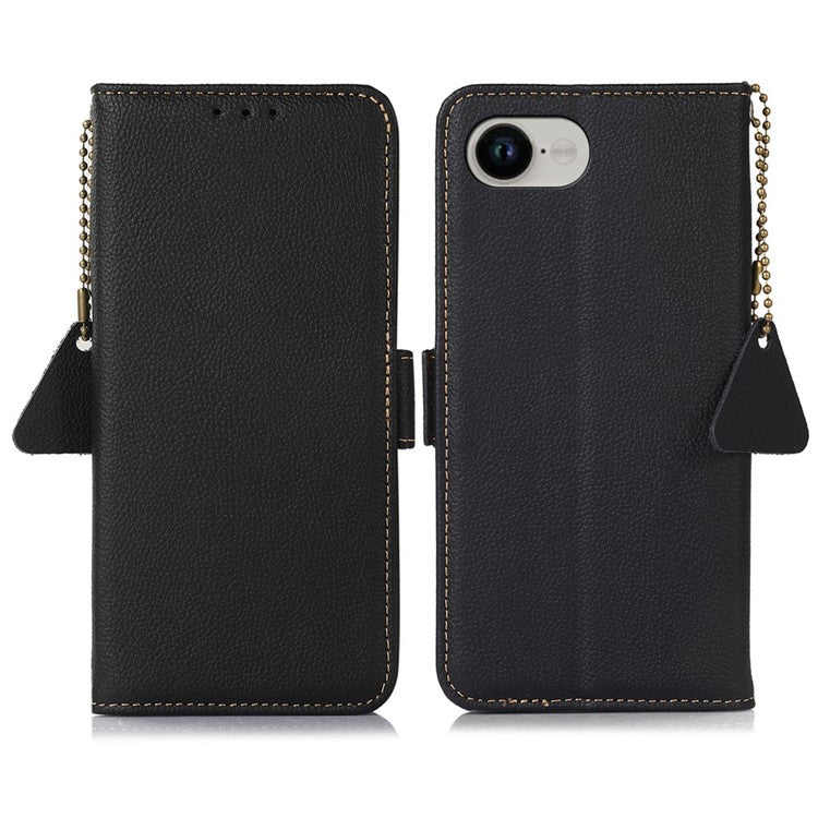 For iPhone 16e Wallet Case RFID Blocking Genuine Cow Leather Phone Cover - Black
