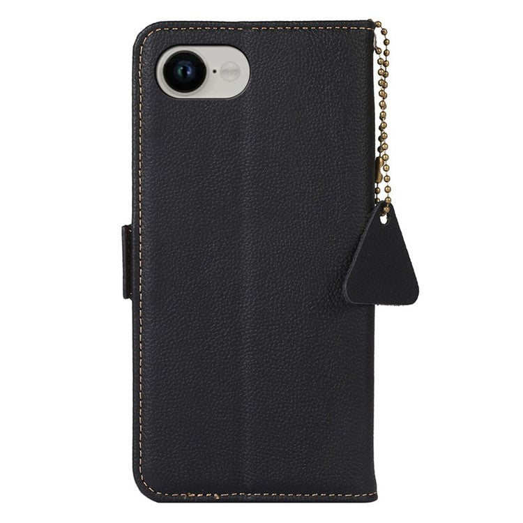 For iPhone 16e Wallet Case RFID Blocking Genuine Cow Leather Phone Cover - Black