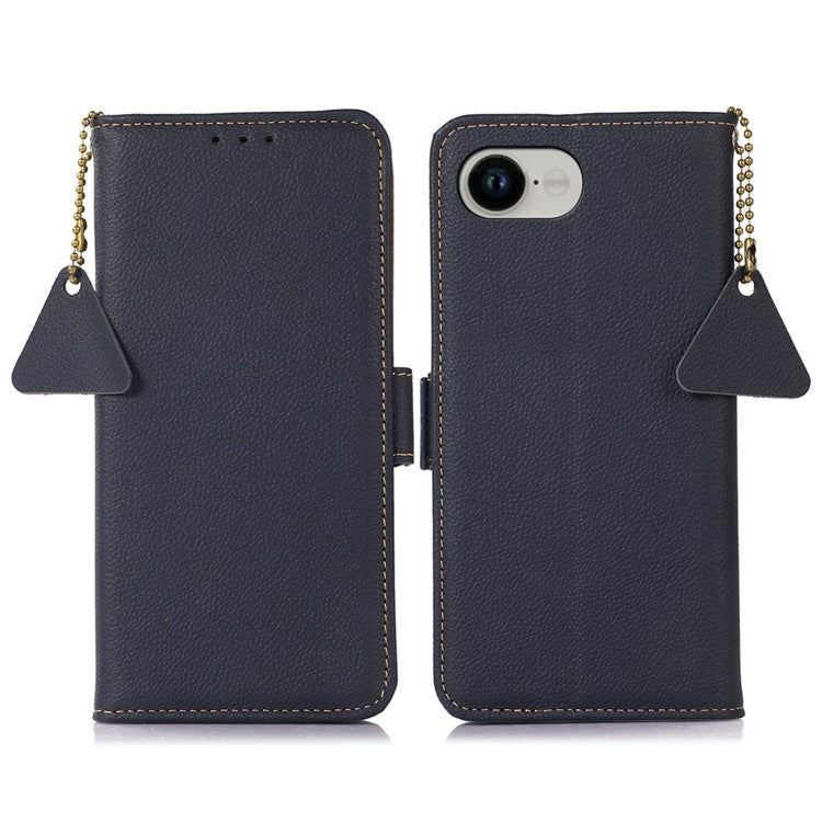 For iPhone 16e Wallet Case RFID Blocking Genuine Cow Leather Phone Cover - Blue