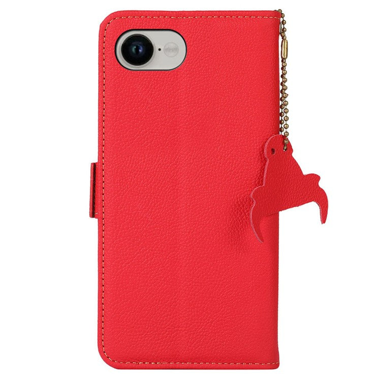 For iPhone 16e Wallet Case RFID Blocking Genuine Cow Leather Phone Cover - Red