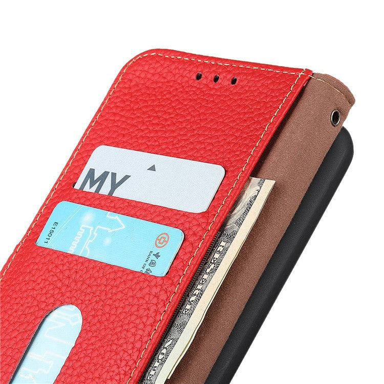 KHAZNEH For iPhone 16e Case Genuine Cow Leather Flip Phone Cover - Red