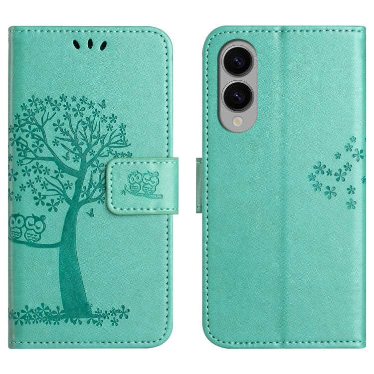 For Samsung Galaxy S25 Edge Case PU Leather Owl Tree Imprinted Wallet Phone Cover - Cyan