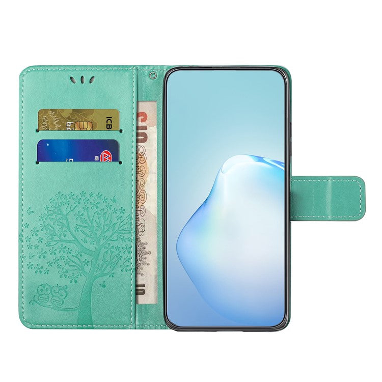 For Samsung Galaxy S25 Edge Case PU Leather Owl Tree Imprinted Wallet Phone Cover - Cyan