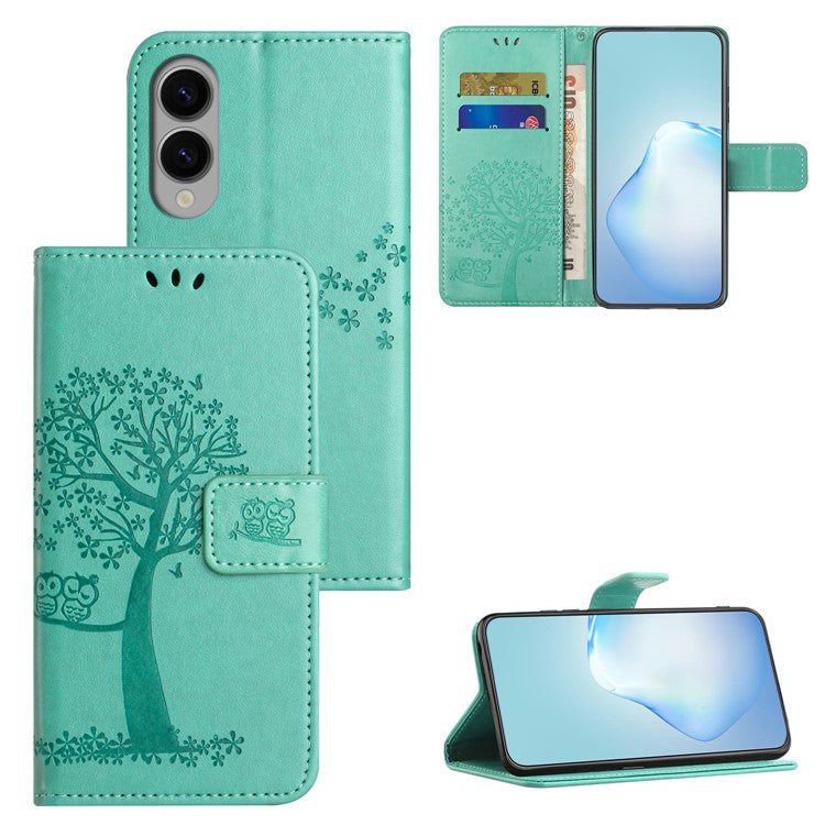 For Samsung Galaxy S25 Edge Case PU Leather Owl Tree Imprinted Wallet Phone Cover - Cyan