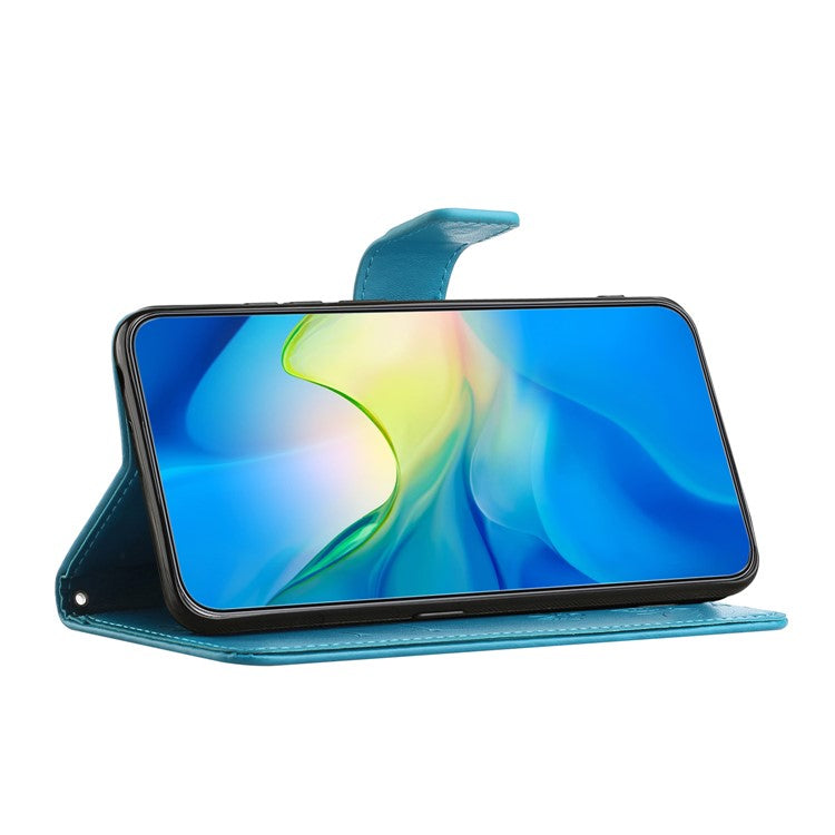 For Samsung Galaxy S25 Edge Case Wallet Stand Imprinted Butterfly Flower PU Leather Phone Cover - Blue