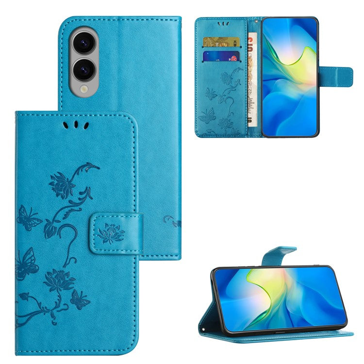 For Samsung Galaxy S25 Edge Case Wallet Stand Imprinted Butterfly Flower PU Leather Phone Cover - Blue