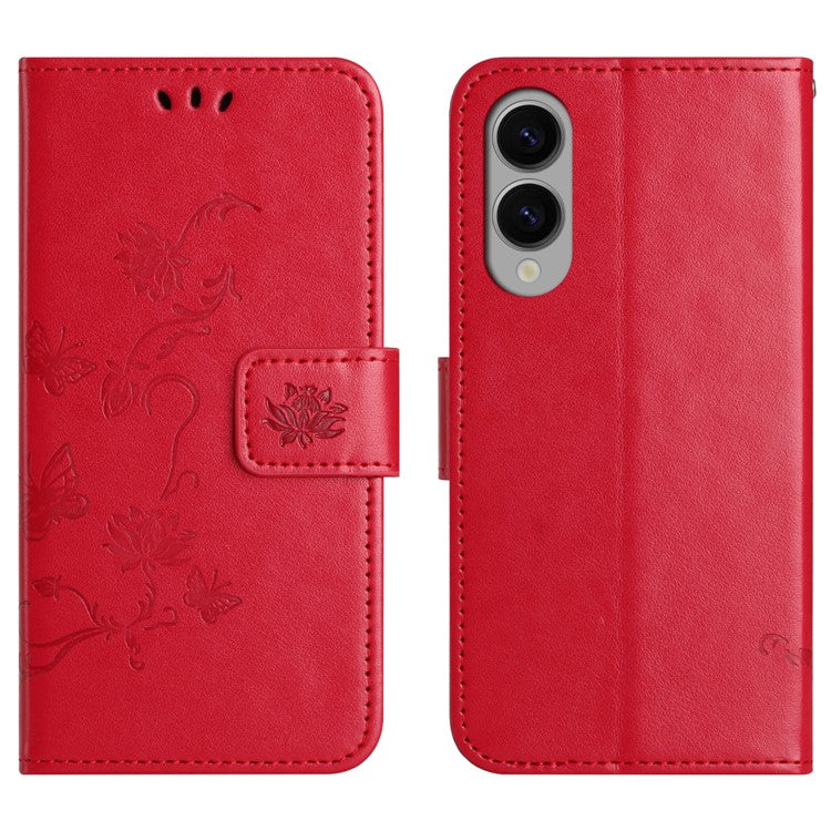 For Samsung Galaxy S25 Edge Case Wallet Stand Imprinted Butterfly Flower PU Leather Phone Cover - Red