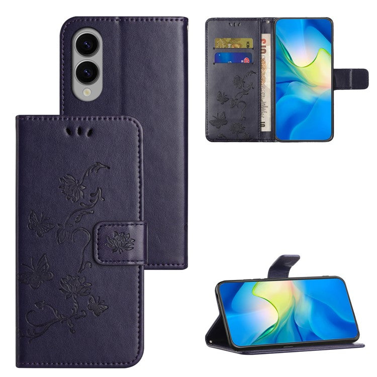 For Samsung Galaxy S25 Edge Case Wallet Stand Imprinted Butterfly Flower PU Leather Phone Cover - Dark Blue