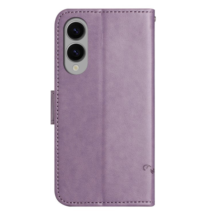 For Samsung Galaxy S25 Edge Case Wallet Stand Imprinted Butterfly Flower PU Leather Phone Cover - Purple