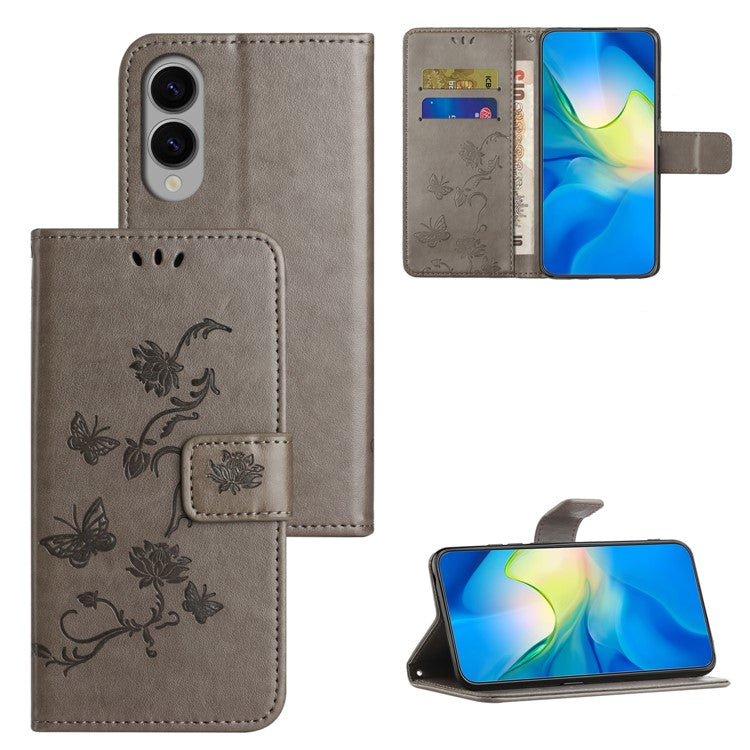 For Samsung Galaxy S25 Edge Case Wallet Stand Imprinted Butterfly Flower PU Leather Phone Cover - Grey