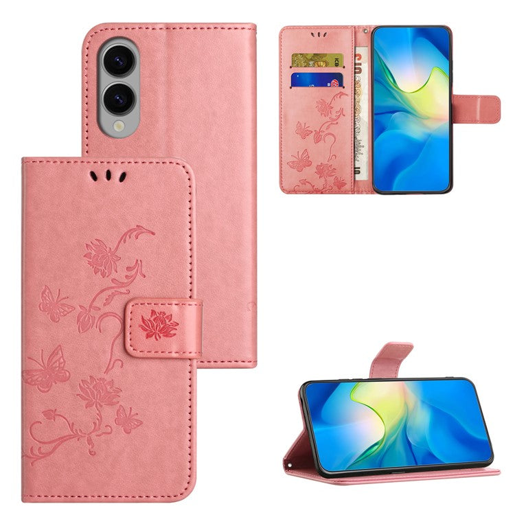 For Samsung Galaxy S25 Edge Case Wallet Stand Imprinted Butterfly Flower PU Leather Phone Cover - Pink