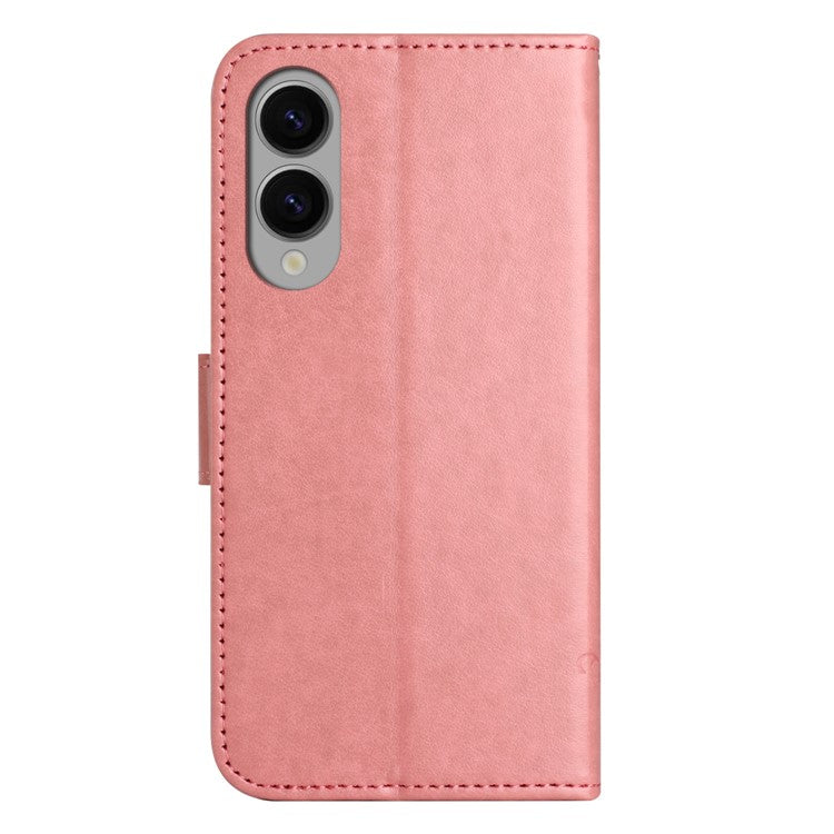 For Samsung Galaxy S25 Edge Case Wallet Stand Imprinted Butterfly Flower PU Leather Phone Cover - Pink