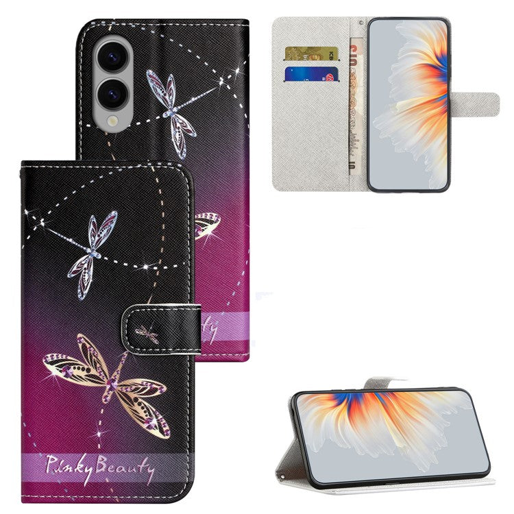 For Samsung Galaxy S25 Edge Case Pattern Print PU Leather Wallet Phone Cover Cross Texture - Dragonfly