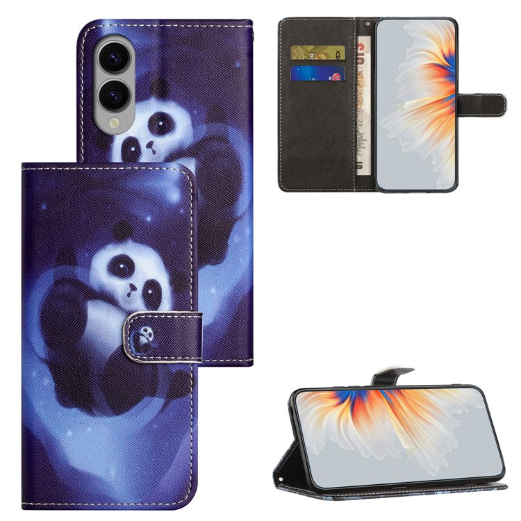 For Samsung Galaxy S25 Edge Case Pattern Print PU Leather Wallet Phone Cover Cross Texture - Panda