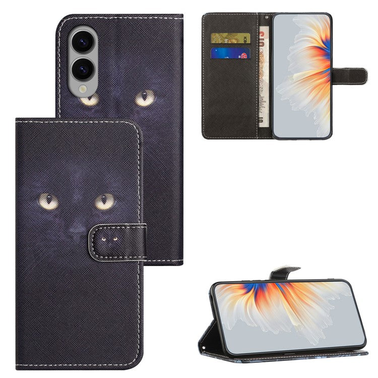 For Samsung Galaxy S25 Edge Case Pattern Print PU Leather Wallet Phone Cover Cross Texture - Cat's Eye