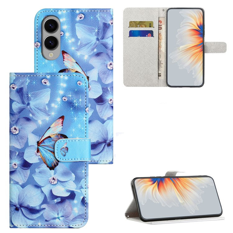 For Samsung Galaxy S25 Edge Case Pattern Print PU Leather Wallet Phone Cover Cross Texture - Flower and Butterfly
