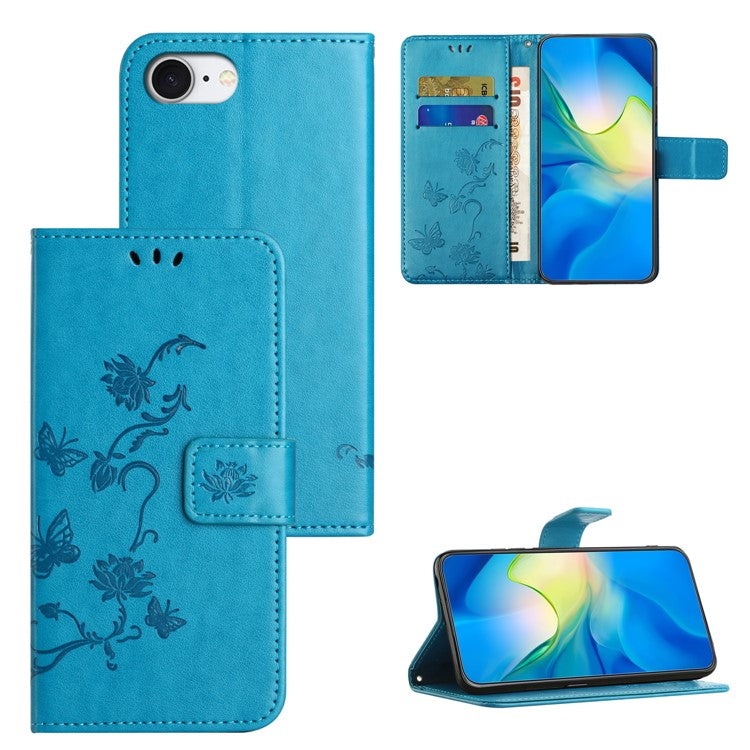 For iPhone 16e Case Wallet Stand Imprinted Butterfly Flower PU Leather Phone Cover - Blue