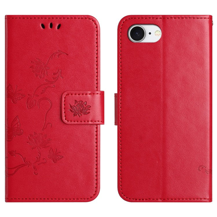 For iPhone 16e Case Wallet Stand Imprinted Butterfly Flower PU Leather Phone Cover - Red