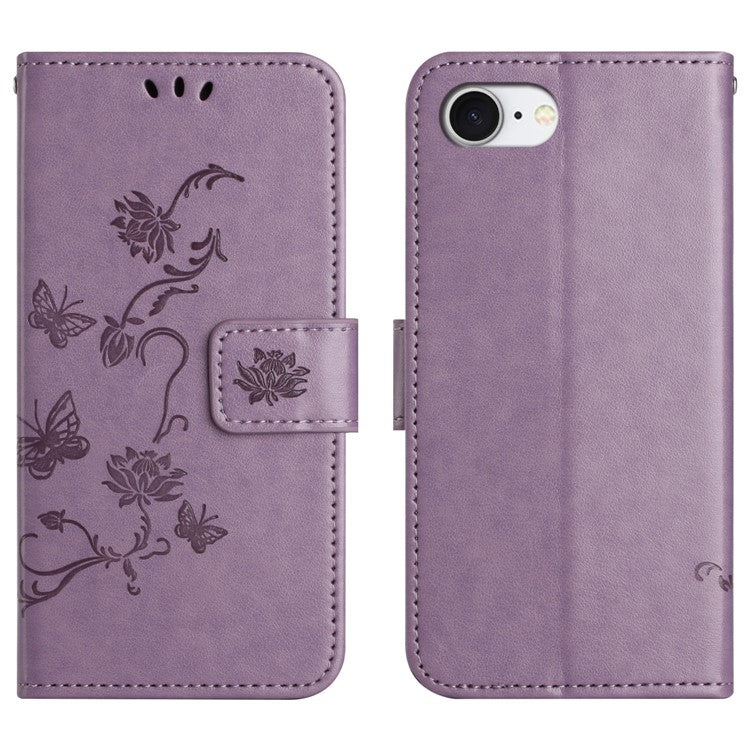 For iPhone 16e Case Wallet Stand Imprinted Butterfly Flower PU Leather Phone Cover - Purple