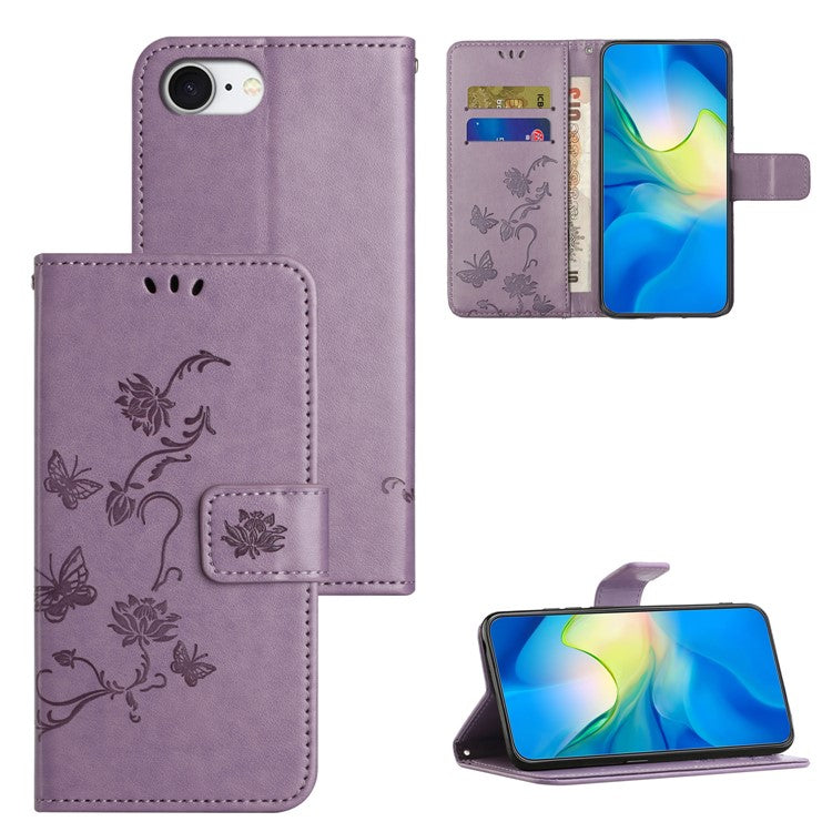 For iPhone 16e Case Wallet Stand Imprinted Butterfly Flower PU Leather Phone Cover - Purple