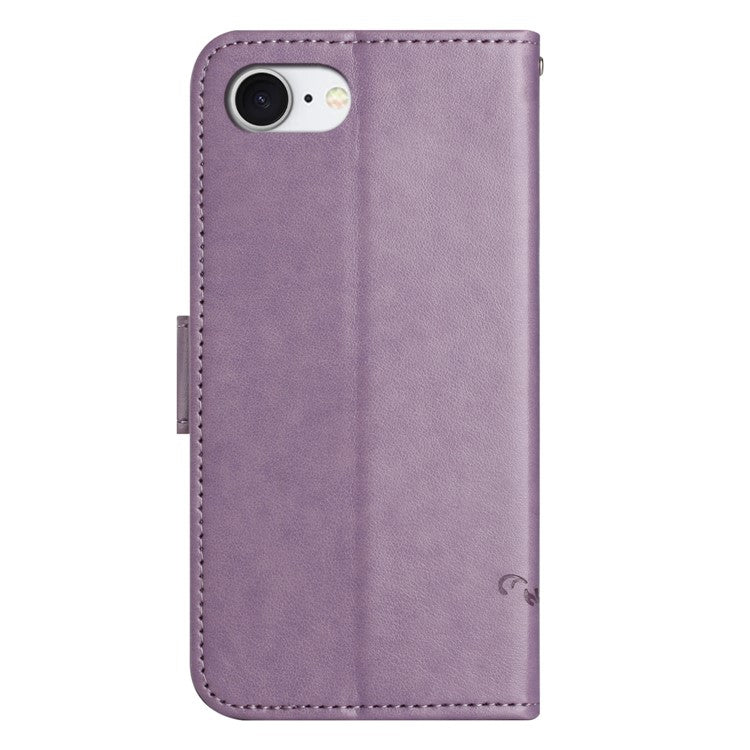For iPhone 16e Case Wallet Stand Imprinted Butterfly Flower PU Leather Phone Cover - Purple