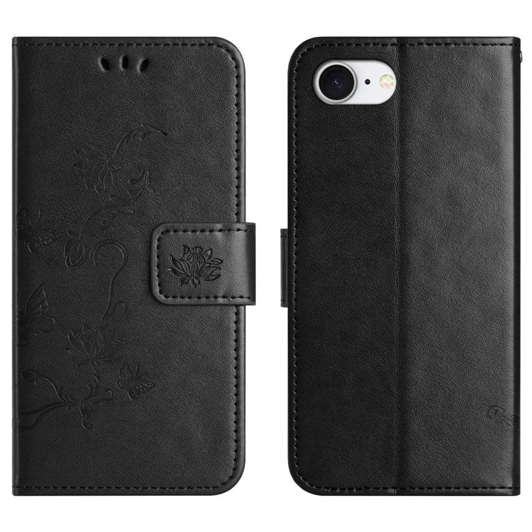 For iPhone 16e Case Wallet Stand Imprinted Butterfly Flower PU Leather Phone Cover - Black