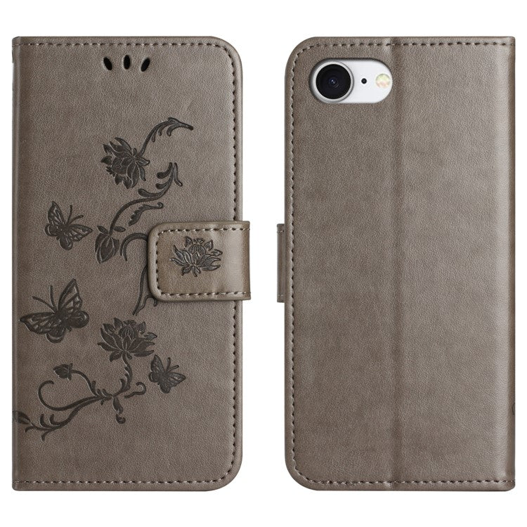 For iPhone 16e Case Wallet Stand Imprinted Butterfly Flower PU Leather Phone Cover - Grey