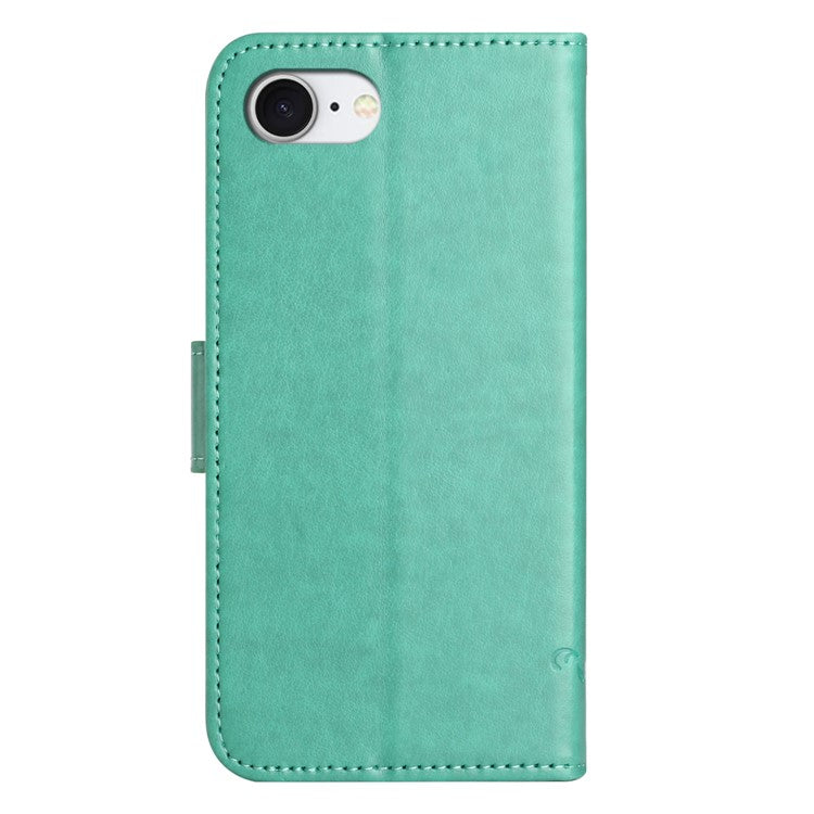 For iPhone 16e Case Wallet Stand Imprinted Butterfly Flower PU Leather Phone Cover - Cyan