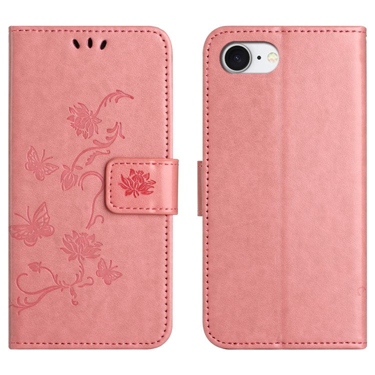 For iPhone 16e Case Wallet Stand Imprinted Butterfly Flower PU Leather Phone Cover - Pink