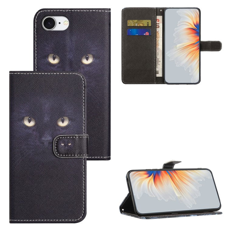 For iPhone 16e Case Pattern Print PU Leather Wallet Phone Cover Cross Texture - Cat's Eye