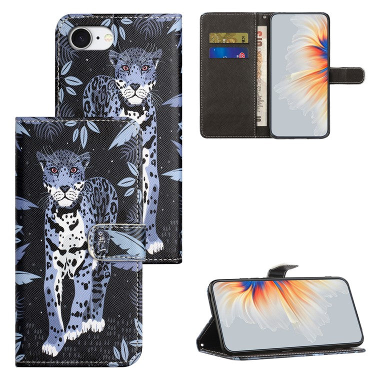 For iPhone 16e Case Pattern Print PU Leather Wallet Phone Cover Cross Texture - Leopard