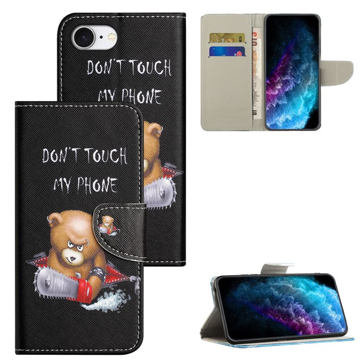 For iPhone 16e Case Pattern Printing Cross Texture Leather Phone Cover - Bear