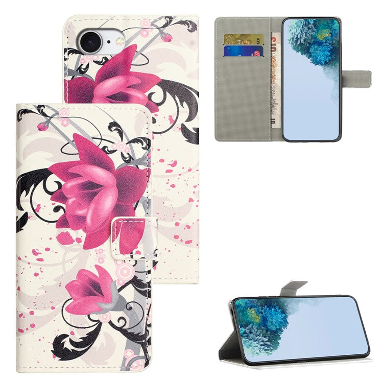 For iPhone 16e Case Pattern Print PU Leather Wallet Phone Cover - Lotus