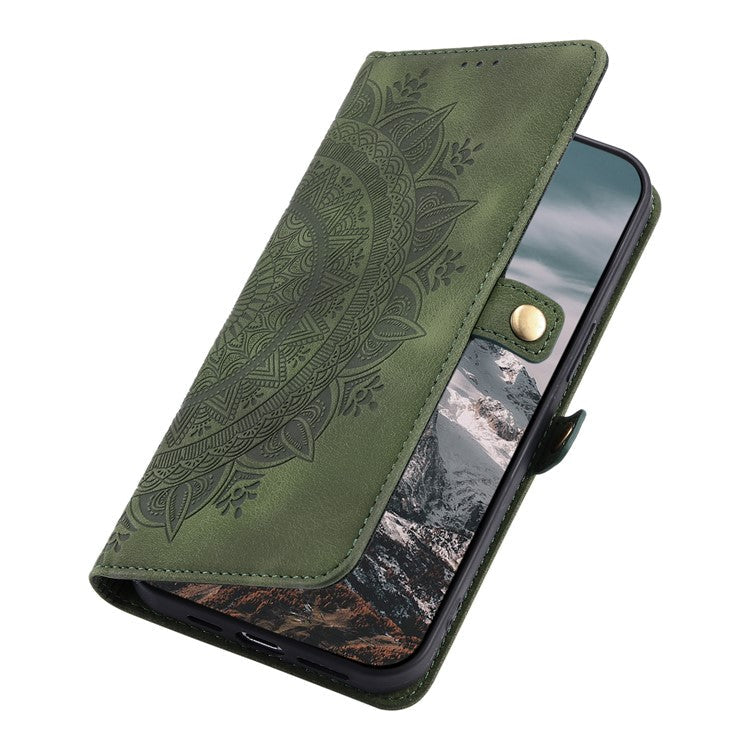 For Samsung Galaxy S25 Edge Wallet Case Leather Phone Cover Skin Feel Totem Imprinted - Blackish Green