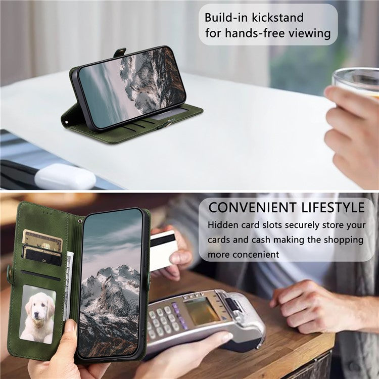 For Samsung Galaxy S25 Edge Wallet Case Leather Phone Cover Skin Feel Totem Imprinted - Blackish Green