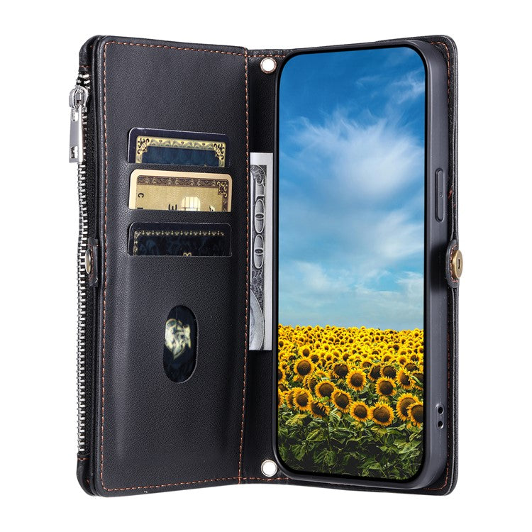 For Samsung Galaxy S25 Edge Case TPU + PU Leather Wallet Phone Cover with Wrist Strap - Black