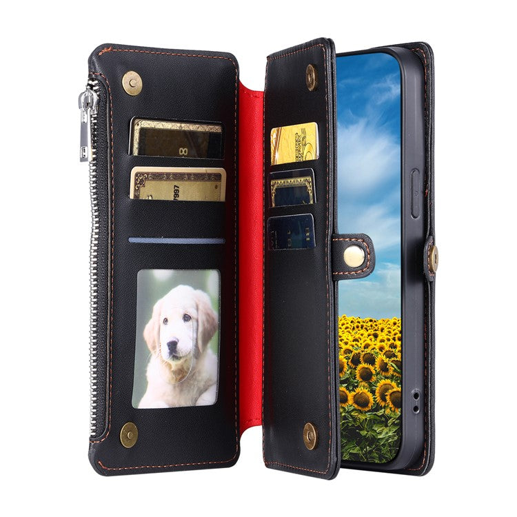 For Samsung Galaxy S25 Edge Case TPU + PU Leather Wallet Phone Cover with Wrist Strap - Black
