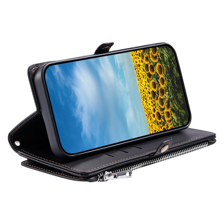 For Samsung Galaxy S25 Edge Case TPU + PU Leather Wallet Phone Cover with Wrist Strap - Black