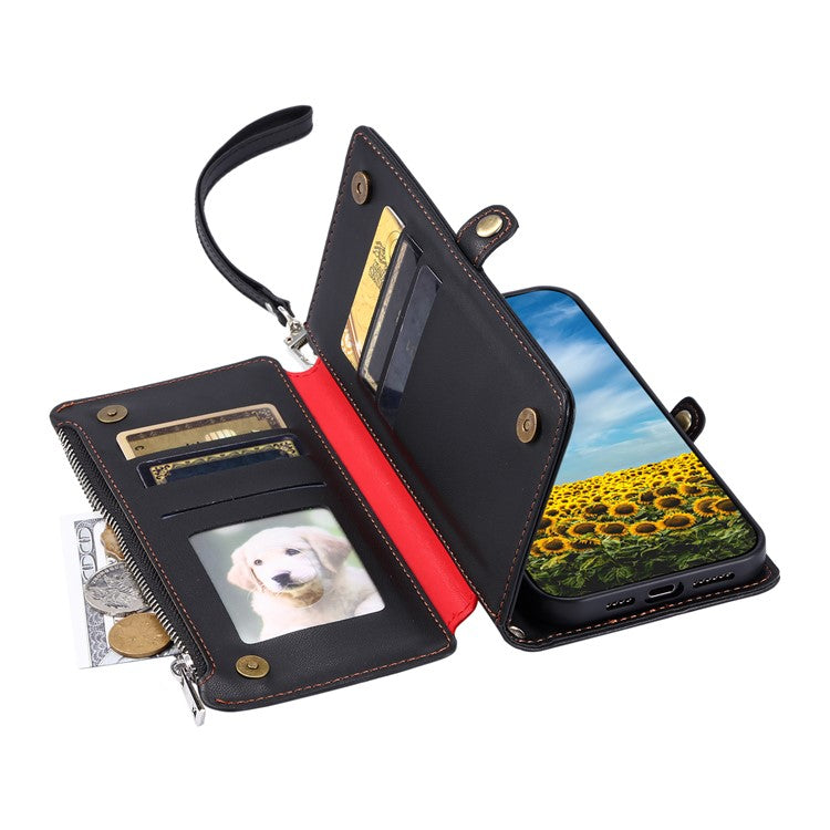 For Samsung Galaxy S25 Edge Case TPU + PU Leather Wallet Phone Cover with Wrist Strap - Black