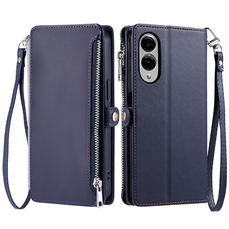 For Samsung Galaxy S25 Edge Case TPU + PU Leather Wallet Phone Cover with Wrist Strap - Blue