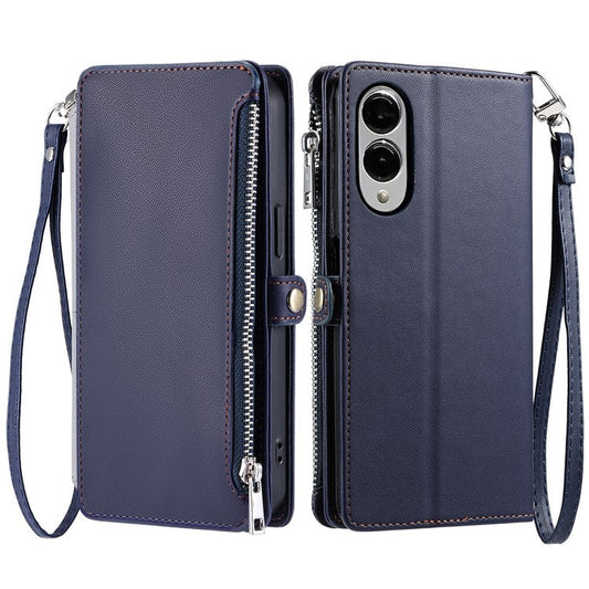 For Samsung Galaxy S25 Edge Case TPU + PU Leather Wallet Phone Cover with Wrist Strap - Blue