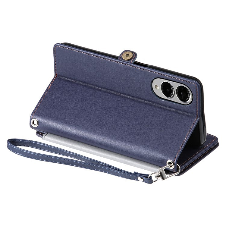 For Samsung Galaxy S25 Edge Case TPU + PU Leather Wallet Phone Cover with Wrist Strap - Blue