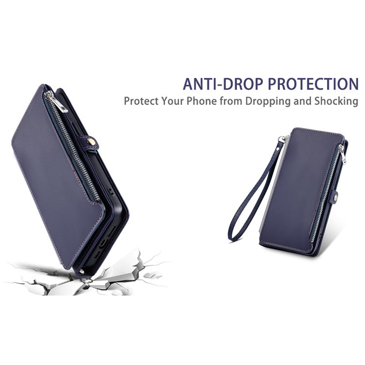 For Samsung Galaxy S25 Edge Case TPU + PU Leather Wallet Phone Cover with Wrist Strap - Blue