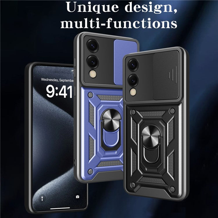 For Samsung Galaxy S25 Edge Case with Slide Camera Lid PC + TPU Kickstand Phone Cover - Black