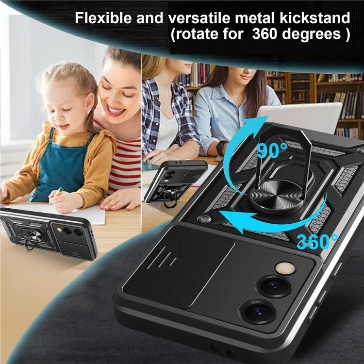 For Samsung Galaxy S25 Edge Case with Slide Camera Lid PC + TPU Kickstand Phone Cover - Silver